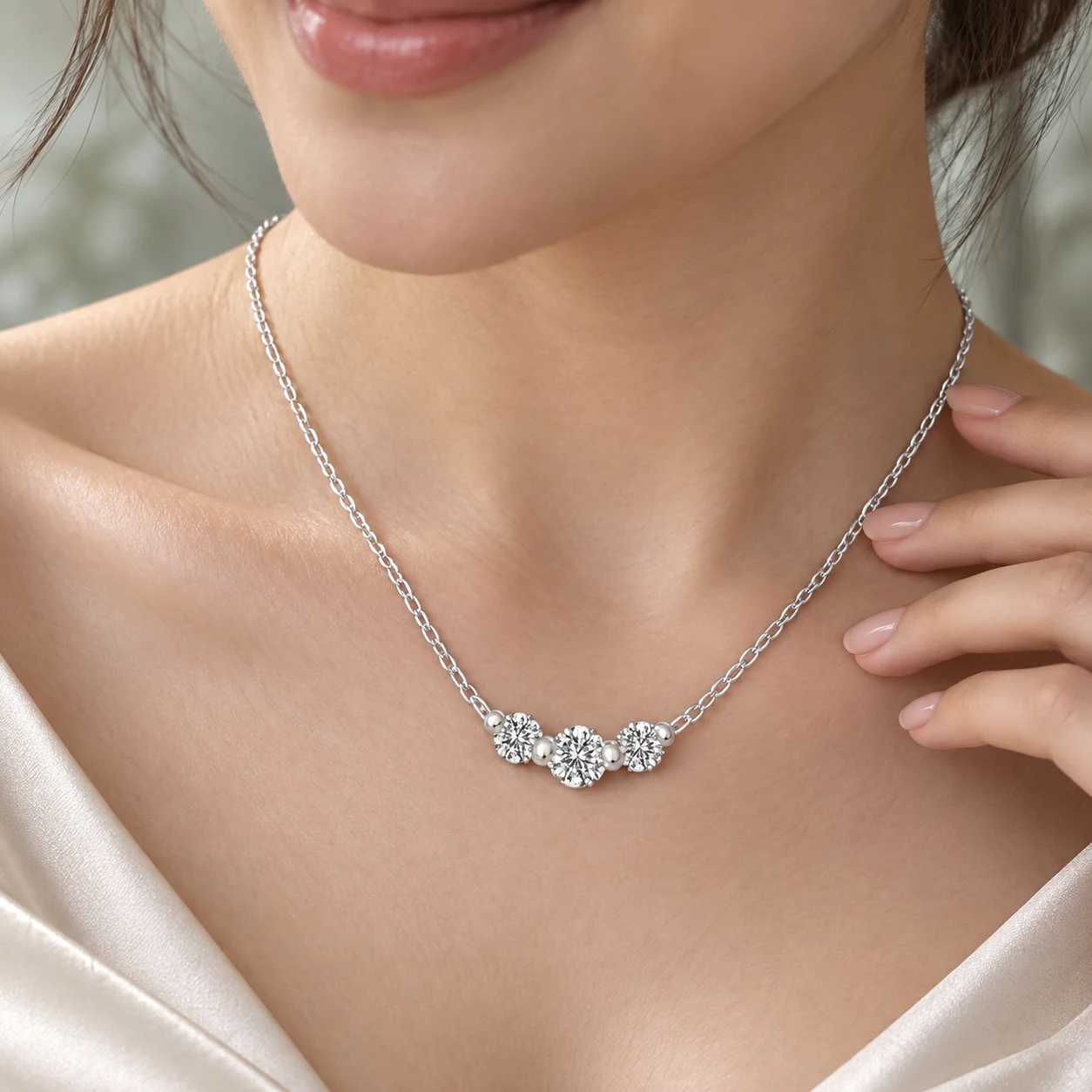 AI styling scene with a close view of a woman appreciating her silver cluster necklace.
